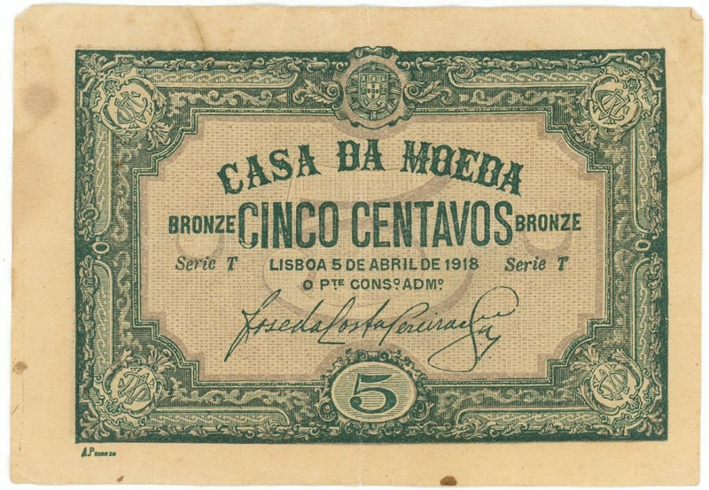 Portugal 5 Centavos 1918

P# 97, N# 219341; VF