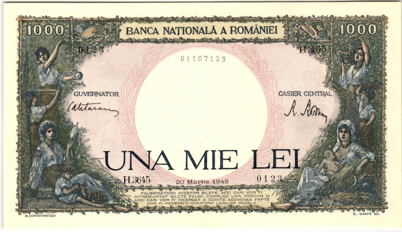 Romania 1000 Lei 1945

P# 52a, N# 206924; # H 3645 91107123; UNC