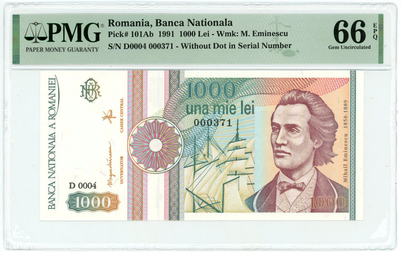 Romania 1000 Lei 1991 PMG 66 EPQ Gem UNC

P# 101Ab, N# 206889; # D0004 000371