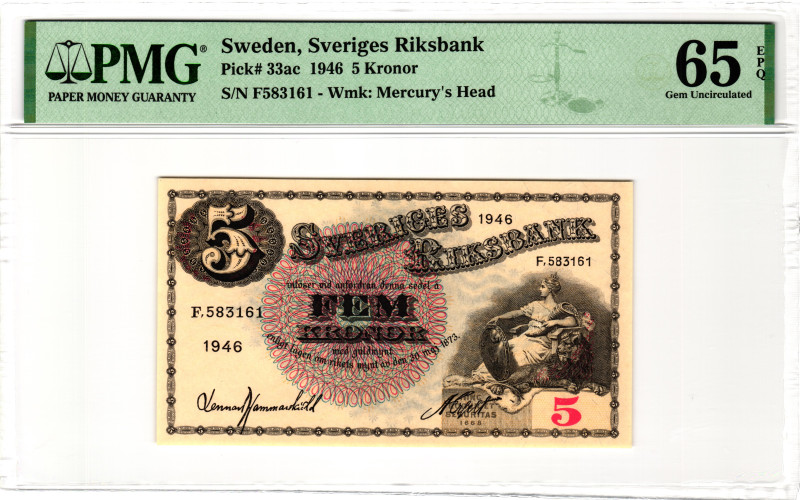 Sweden 5 Kronor 1946 PMG 65 EPQ Gem Unc

P# 33ac, N# 205791; # F 583161