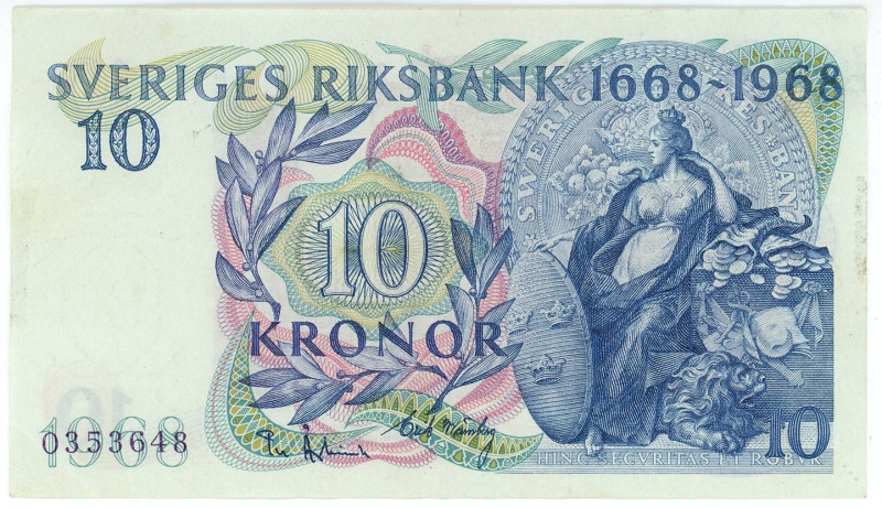 Sweden 10 Kronor 1968 Commemorative issue "300th Anniversary of Sveriges Riksban...