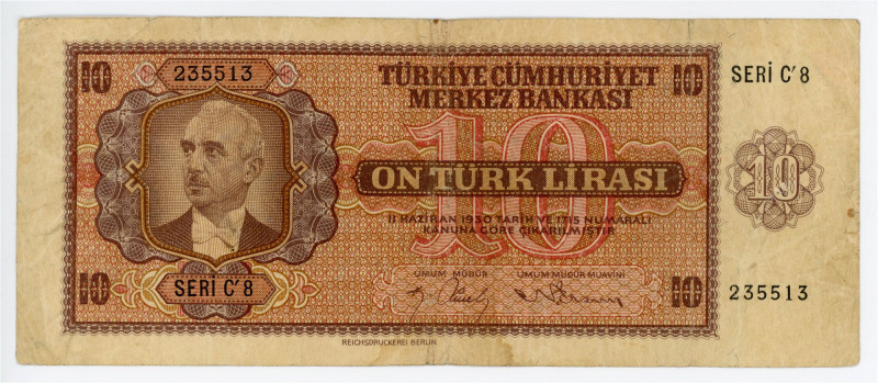 Turkey 10 Lirasi 1930 - 1942

P# 141, N# 285411; # C8 235513; VF