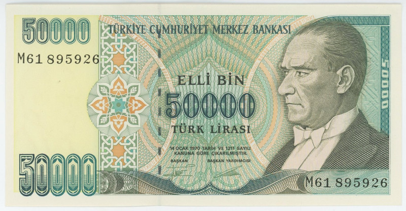 Turkey 50000 Lira 1970 (1995) (ND)

P# 204, N# 203669; # M61 895926; UNC