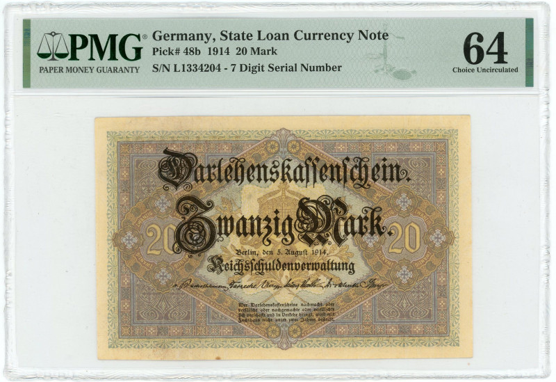 Germany - Empire 20 Mark 1914 PMG 64 Choice Unc

P# 48b, N# 206187; # L 133420...