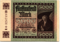 Germany - Weimar Republic 5000 Mark 1922

P# 81b, N# 202210; # R *324719 UB; XF