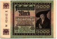 Germany - Weimar Republic 5000 Mark 1922

P# 81c, N# 202210; # W 624842 X; AUNC