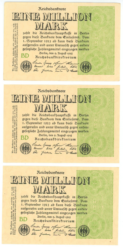 Germany - Weimar Republic 3 x 1000000 Mark 1923

P# 102b, N# 202231; # BD; AUN...