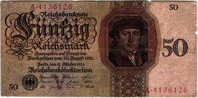 Germany - Weimar Republic 50 Reichsmark 1924

P# 177, N# 208947; # A 4136126; VF-, 2 Holes in Center