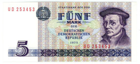 Germany - DDR 5 Mark 1975

P# 27a, N# 205965; # UD 253453; UNC