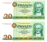 Germany - DDR 2 x 20 Mark 1975 Consecutive Pair

P# 29b, N# 205900; # TP 0945077 - TP 0945078; UNC
