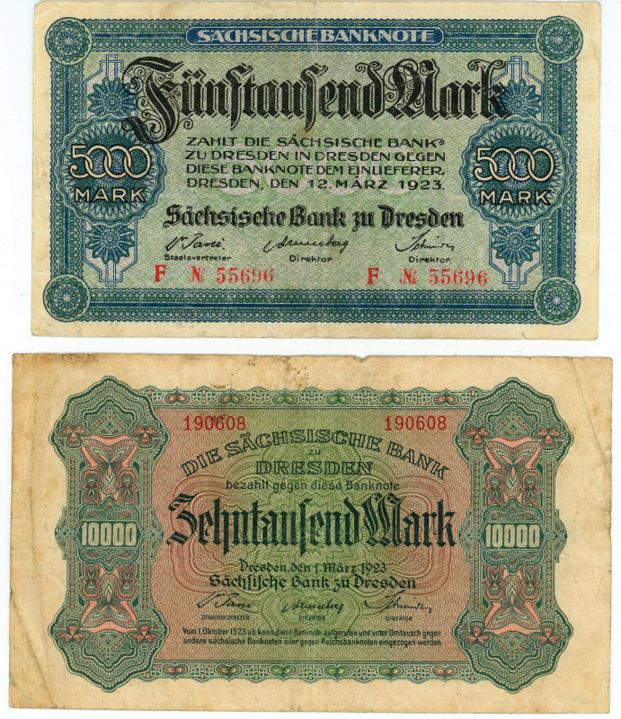 Germany - Weimar Republic Sächsische Bank 5000 - 10000 Mark 1923

P# S957, VF