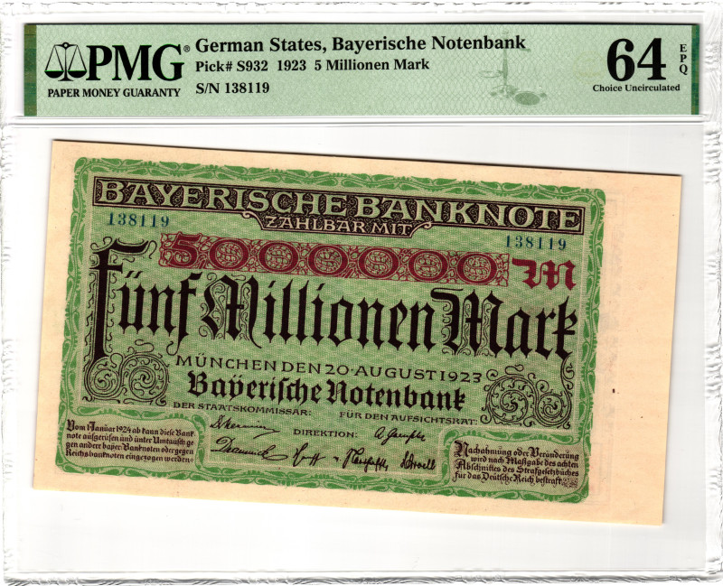 Germany - Weimar Republic Munchen 5 Million Mark 1923 PMG 64 EPQ Choice Unc

P...