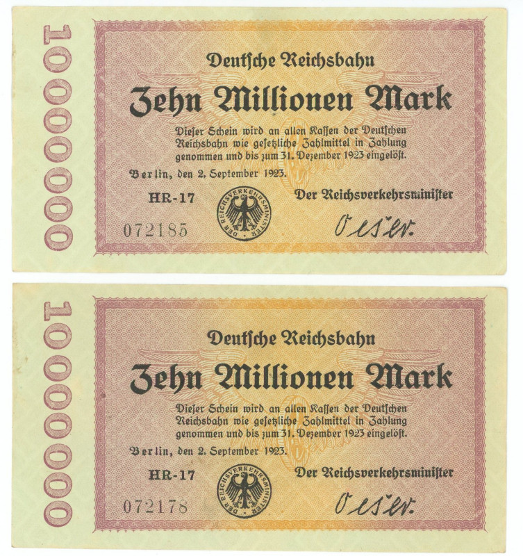 Germany - Weimar Republic Deutsche Reichsbahn 2 x 10000000 Mark 1923

P# S1014...