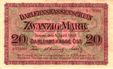 Germany - Empire Posen Darlenkasse Ost 20 Mark 1918 Occupation of Kowno

P# R131, N# 209567; # B 579368; UNC-