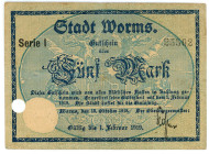 Germany - Weimar Republic Worms 5 Mark 1918 Canceled

Geiger 569.01; # I 25502; VF