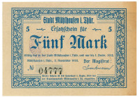 Germany - Weimar Republic Muhlhausen 5 Mark 1918

Geiger 364.04a; # 04777; XF