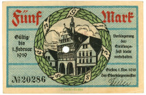 Germany - Weimar Republic Greitz and Zeulendora 5 Mark 1918

Geiger# 196.02; Now Greitz in Germany; UNC