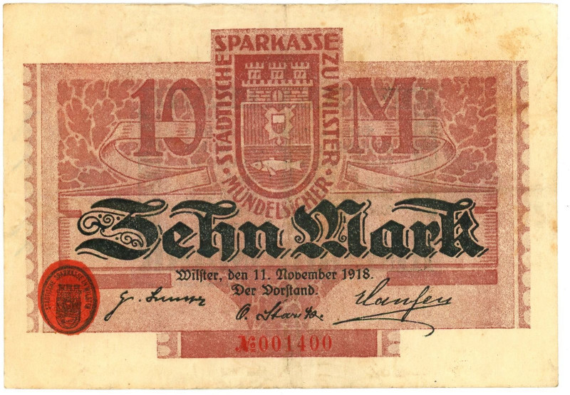 Germany - Weimar Republic Wilster 10 Mark 1918

Geiger# 474.02b; # 001400; Now...