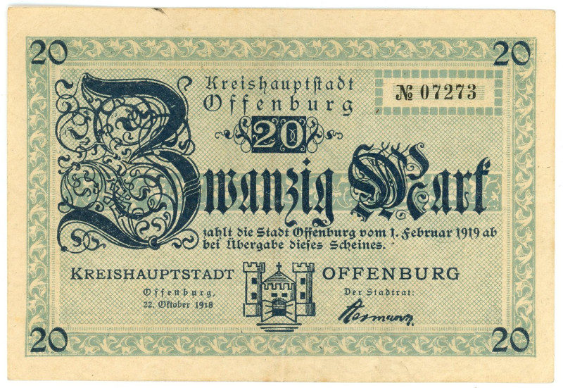 Germany - Weimar Republic Offenburg 20 Mark 1918

Geiger# 399.02; # 07273; Now...