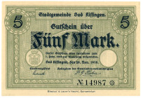 Germany - Weimar Republic Kissingem Bad 5 Mark 1918

Geiger# 272.01b; # 14987; Now Bad Kissingem in Germany; UNC