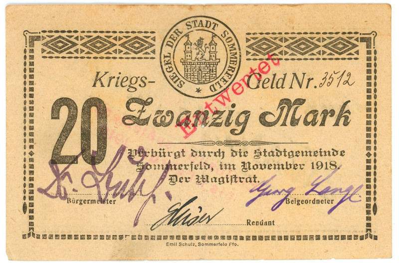 Germany - Weimar Republic Sommerfeld 20 Mark 1918

Geiger# 500.02c; # 3512; No...