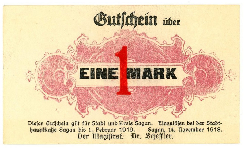 Germany - Weimar Republic Sagan 1 Mark 1918

Geiger# 465.01; Now Żagań in Pola...