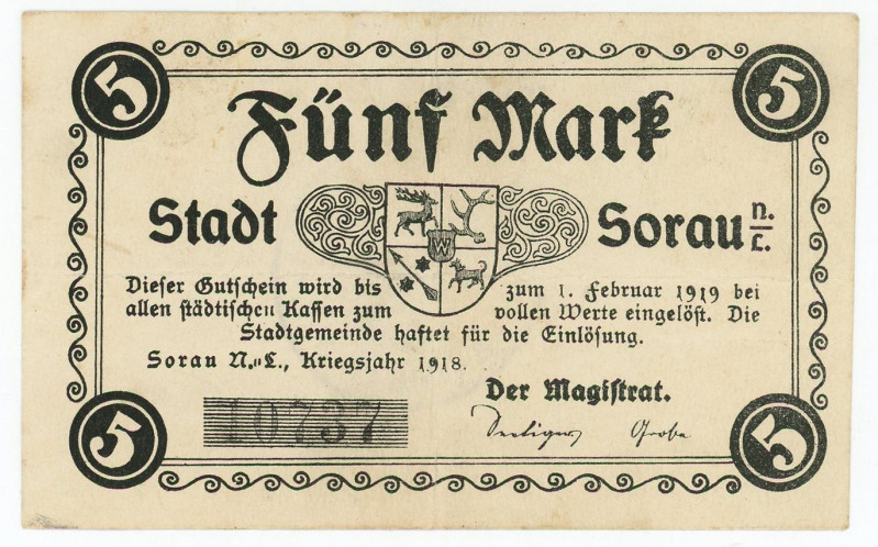 Germany - Weimar Republic Sorau 5 Mark 1918

Geiger# 502.01c; # 10737; Now Sor...