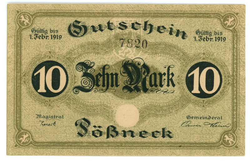 Germany - Weimar Republic Possneck 10 Mark 1919

Geiger 420.02e; # 7820; UNC