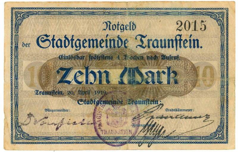 Germany - Weimar Republic Traunstein 10 Mark 1919

Geiger# 520.05a; # 2015; No...