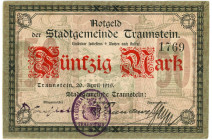 Germany - Weimar Republic Traunstein 50 Mark 1919

Geiger# 528.03a; # 1769; Now Traunstein in Germany; VF
