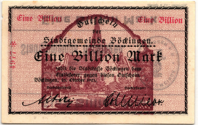 Germany - Weimar Republic Bockingen 1 Billion Mark 1922

# 4977; AUNC