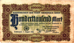 Germany - Weimar Republic Andernach 100000 Mark 1923

# 68318; Now Andernach in Germany; VF