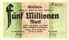 Germany - Weimar Republic Dresden 5 Million Mark 1923

# C 80091; Now Dresden in Germany; AUNC