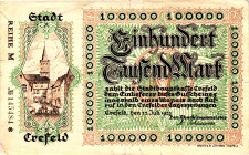 Germany - Weimar Republic Crefeld 100000 Mark 1923

# M 145484; Now Krefeld in Germany; VF