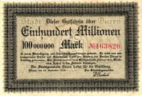 Germany - Weimar Republic Duren 100 Million Mark 1923

N# 343526; DeNG 7/8# 138.h; # 163820; Now Duren in Germany; AUNC