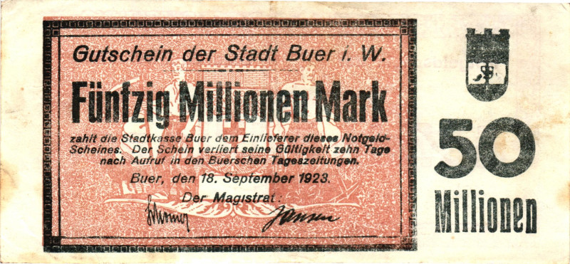 Germany - Weimar Republic Buer 50 Million Mark 1923

# ; Now Buer in Germany; ...