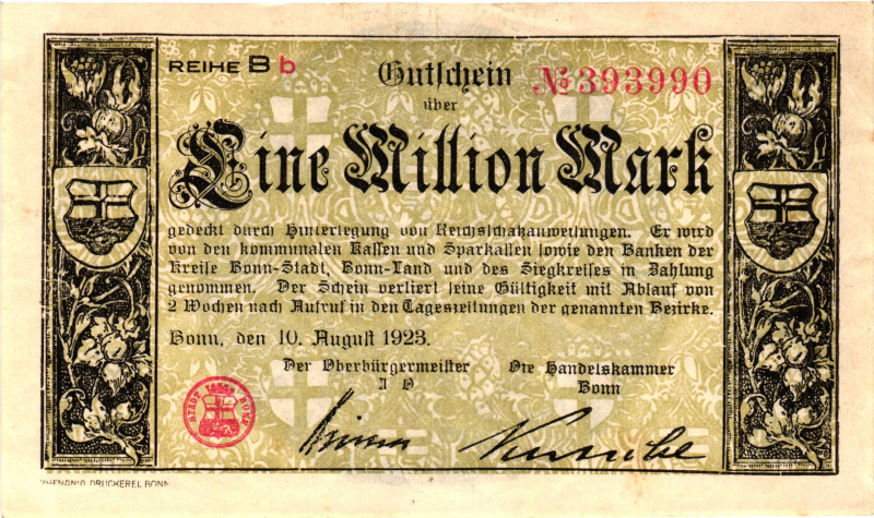 Germany - Weimar Republic Bonn 1 Million Mark 1923

N# 207418; # Bb 393990; No...