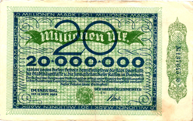 Germany - Weimar Republic Duisburg 20 Million Mark 1923

# 187645; Now Duisbur...