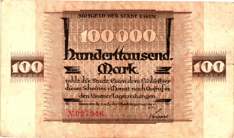 Germany - Weimar Republic Essen 100000 Mark 1923

N# 286925; # 097946; Now Ess...