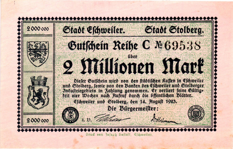 Germany - Weimar Republic Eschweiler and Stolberg 2 Million Mark 1923

N# 3412...