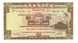 Hong Kong & Shanghai Banking Corporation 5 Dollars 1975

P# 181f, N# 211249; # FU 716751; UNC