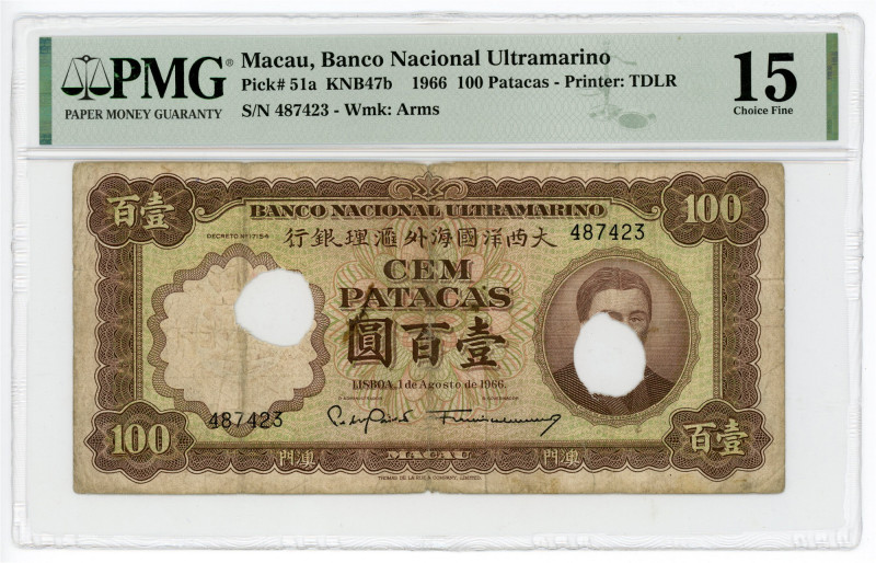 Macao 100 Patacas 1966 PMG 15 Choice Fine

P# 51a, N# 266933; # 487423; Cancel...