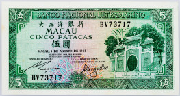 Macao Banco Nacional Ultramarino 5 Patacas 1981

P# 58c, N# 213809; # BV73717; UNC, with a small stain