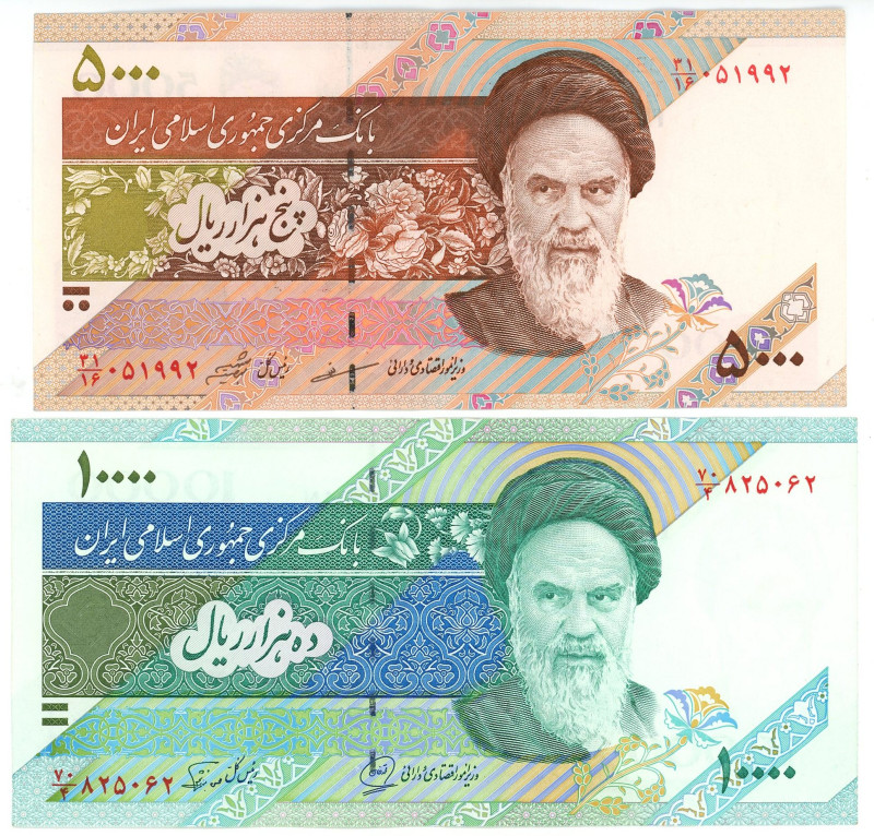 Iran 5000 - 10000 Rials 1993 - 2009 (ND)

P# 145a, 146a, VF-UNC