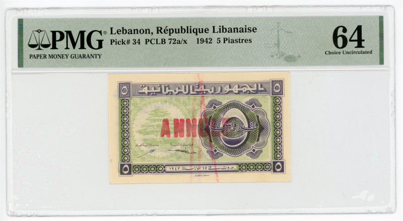 Lebanon 5 Piastres 1942 PMG 64 Choice Uncirculated

P# 34, N# 208285; Overprin...