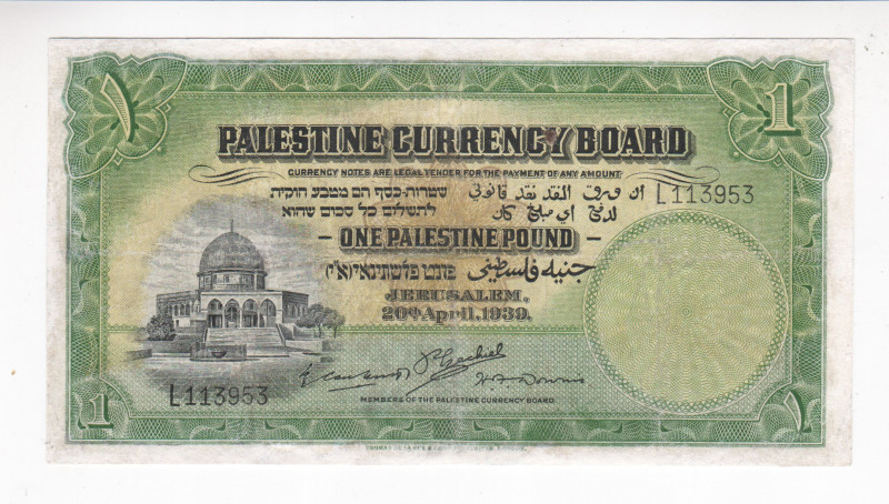 Palestine 1 Pound 1939

P# 2c, N# 218387; # L113953; XF- with small restoratio...