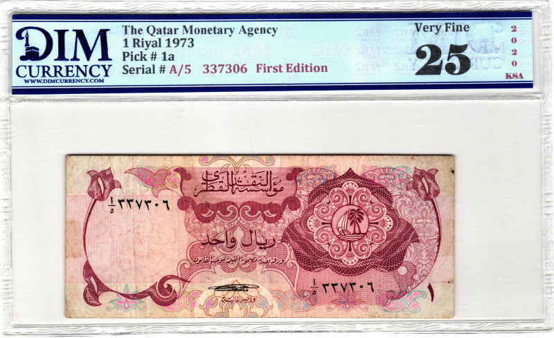 Qatar 1 Riyal 1973 (ND) DIM 25 Very Fine

P# 1a, N# 206221; # A/5 337306