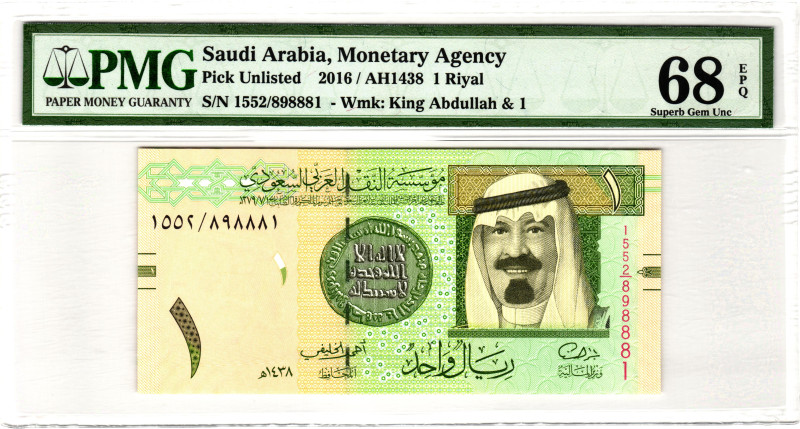 Saudi Arabia 1 Riyal 2016 AH 1438 PMG 68 EPQ Superb Gem Unc

P# 31, N# 202978;...