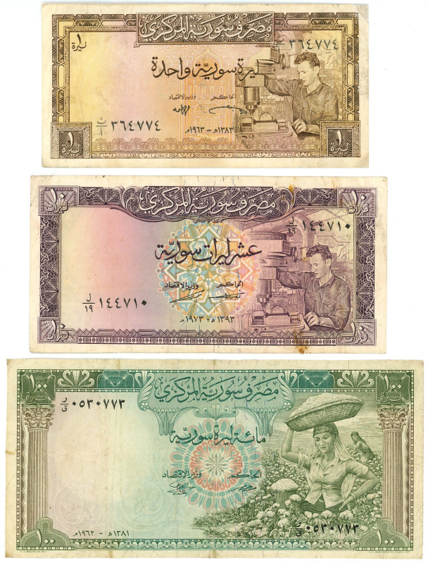 Syria 1 - 10 - 100 Pounds 1962 - 1973

P# 91b, 93a, 95c, VF