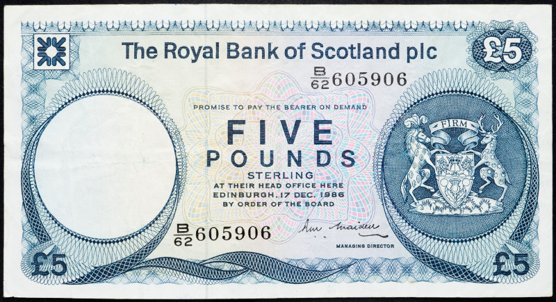 Scotland Royal Bank of Scotland 5 Pounds 1986

P# 342d, N# 223276; # B/62 6059...